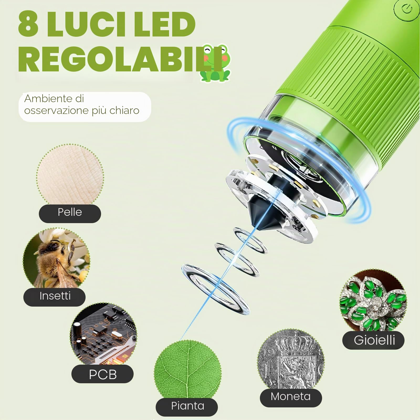 Microscopio Digitale 1000X Professionale per Studenti e Appassionati, Schermo IPS 2.0", 8 LED Regolabili, Strumento Scientifico per Macro-Fotografia (Verde)