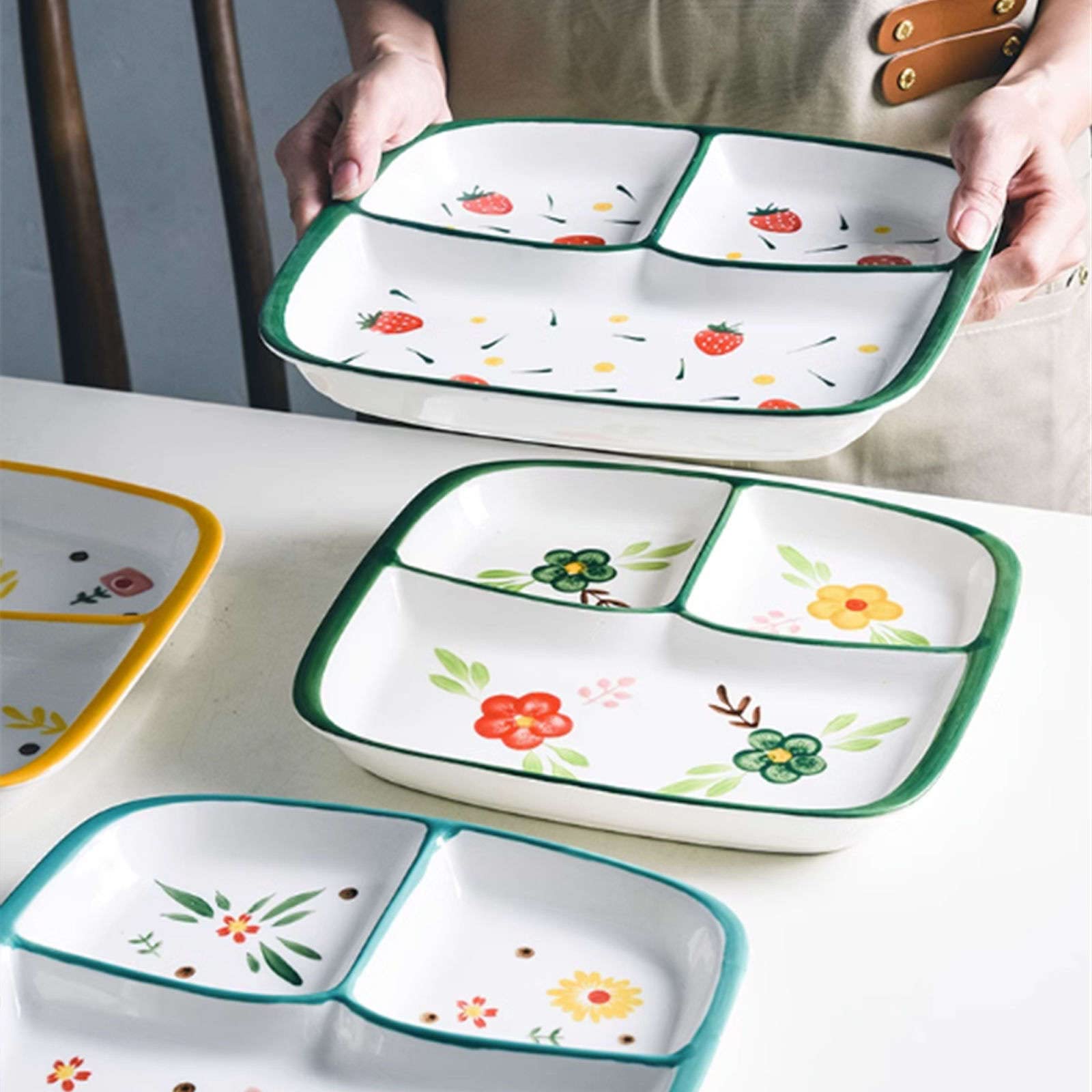 Assiettes à dîner divisées, assiette de contrôle régime, assiettes, for adultes, des portions en céramique for la perte poids - rouge 3 compartiments