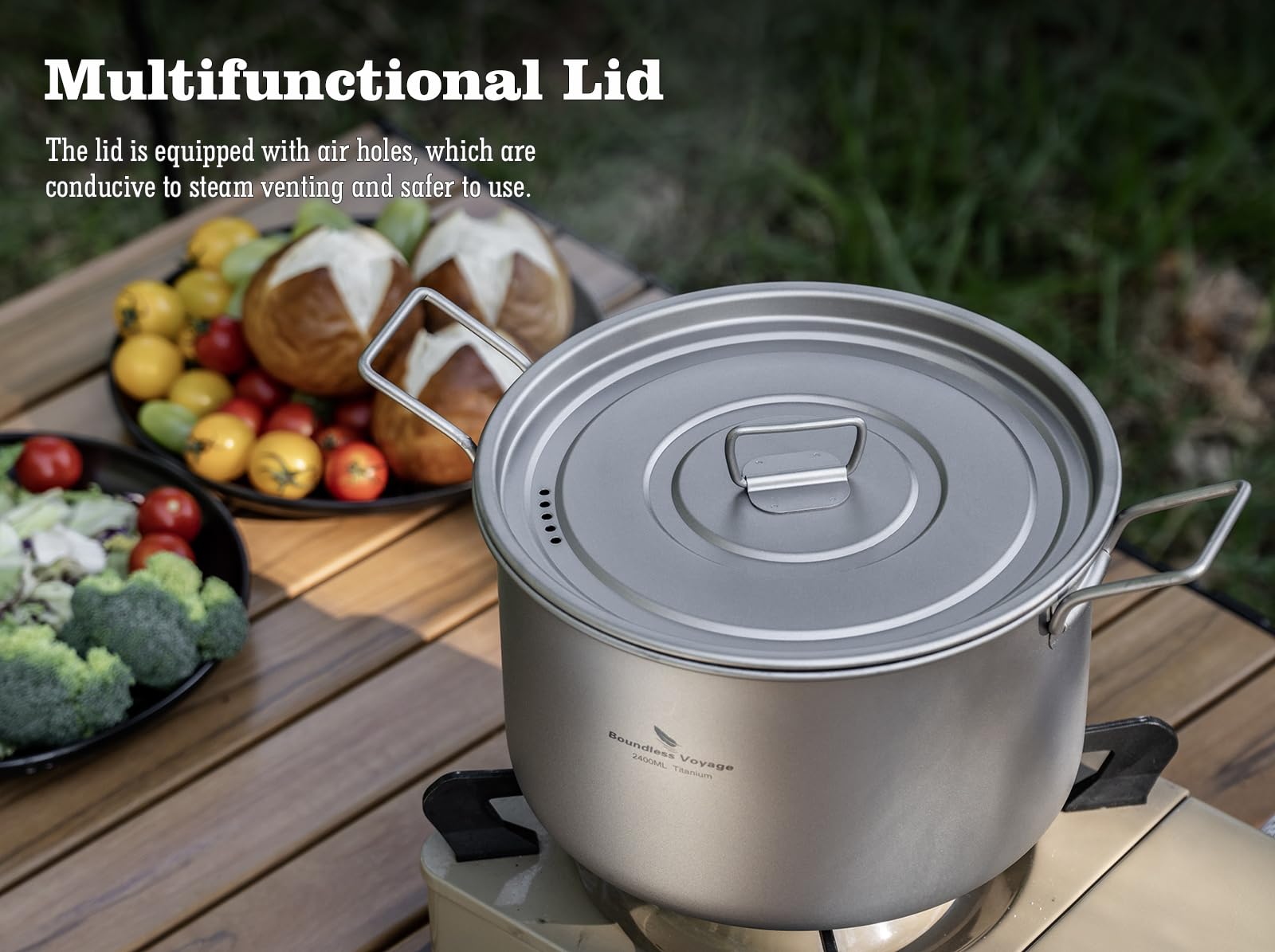 iBasingo & Boundless Voyage 2.4L Titanium Pot de cuisson avec poignée pliable Portable Léger Ensemble de cuisine pour camping, randonnée, pique-nique, pêche, alpinisme US-Ti2108C
