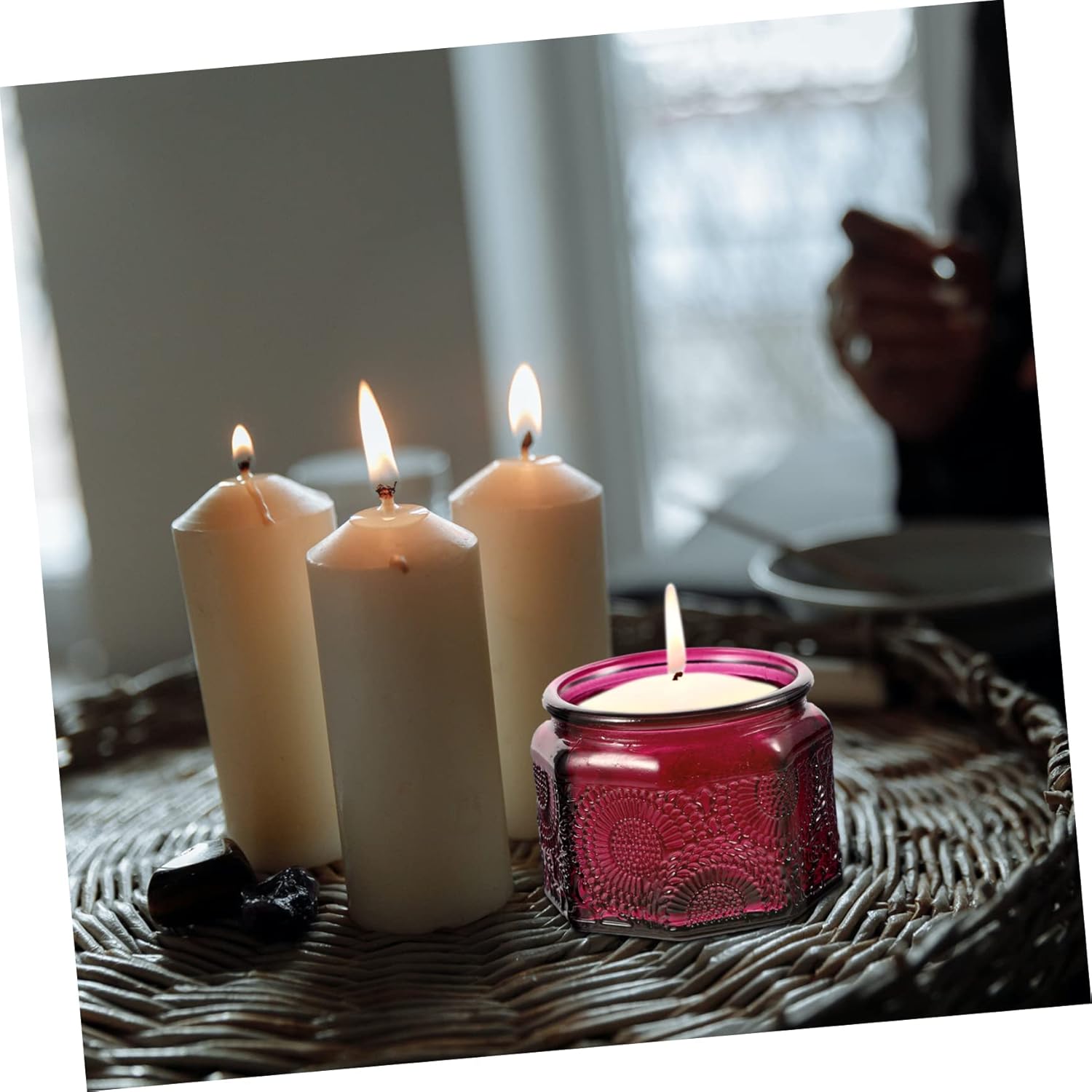 IWOWHERO 14-Piece Embossed Glass Candle Jars with Lids Colorful Aromatherapy Candle Containers for DIY Making for Home Decor and Giving