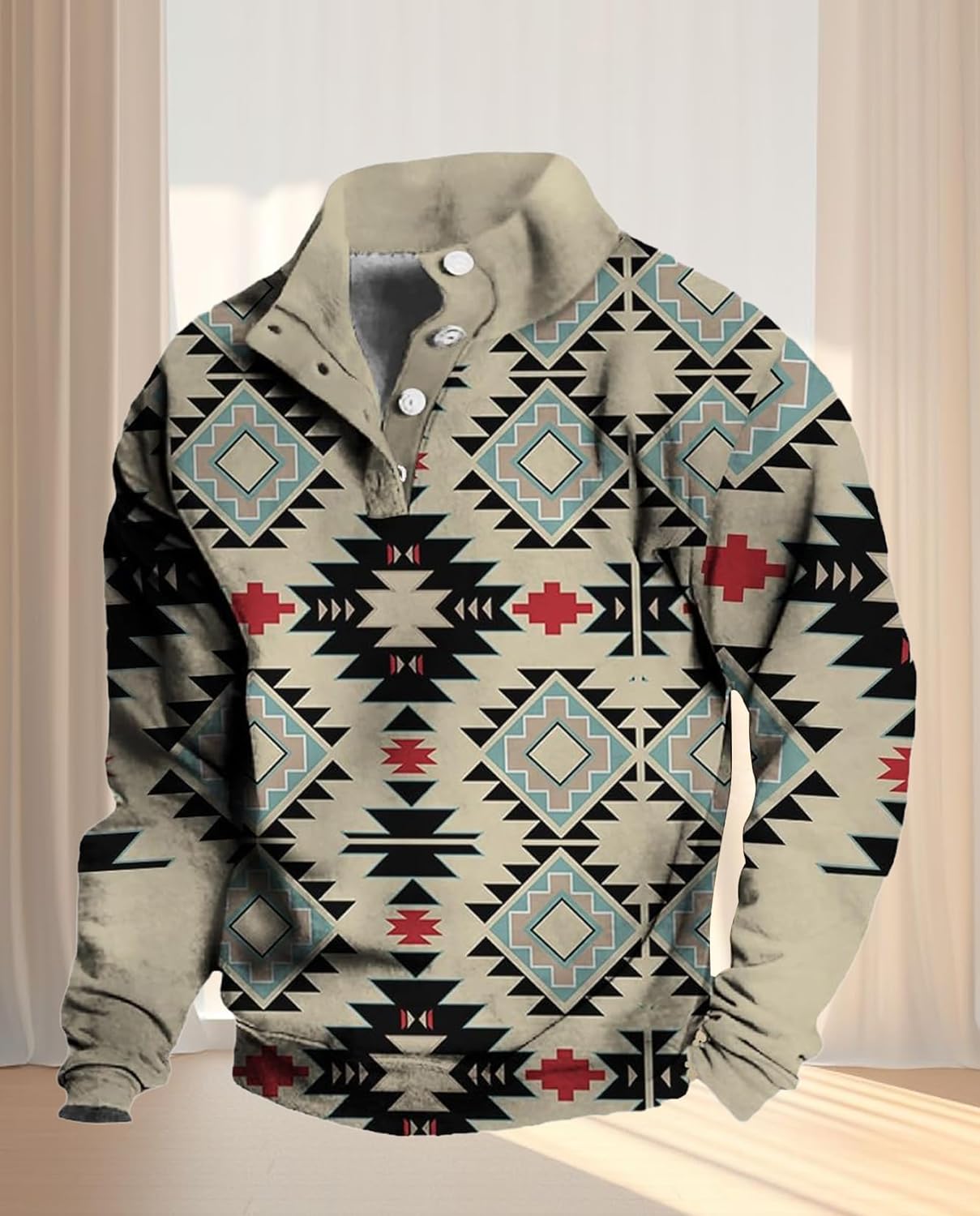 Western Sweatshirts for Men Aztec Ethnic Print Quarter Zip Pullover Fleece Hoodies Casual Stand Collar Sweatshirt - Image 5
