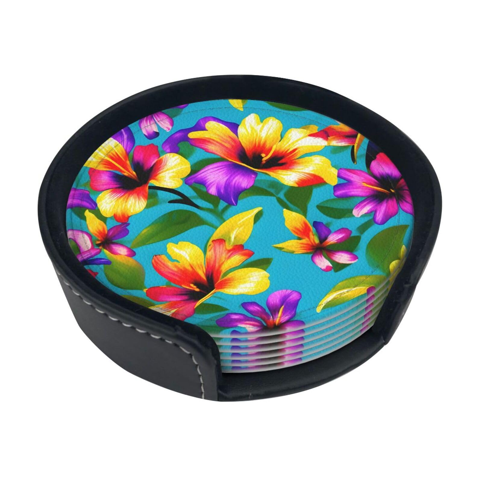 Hawaiian Colorful Flowers Print Round Coasters Set Of 6,Coaster For Tabletop Protection Home Bar Decor