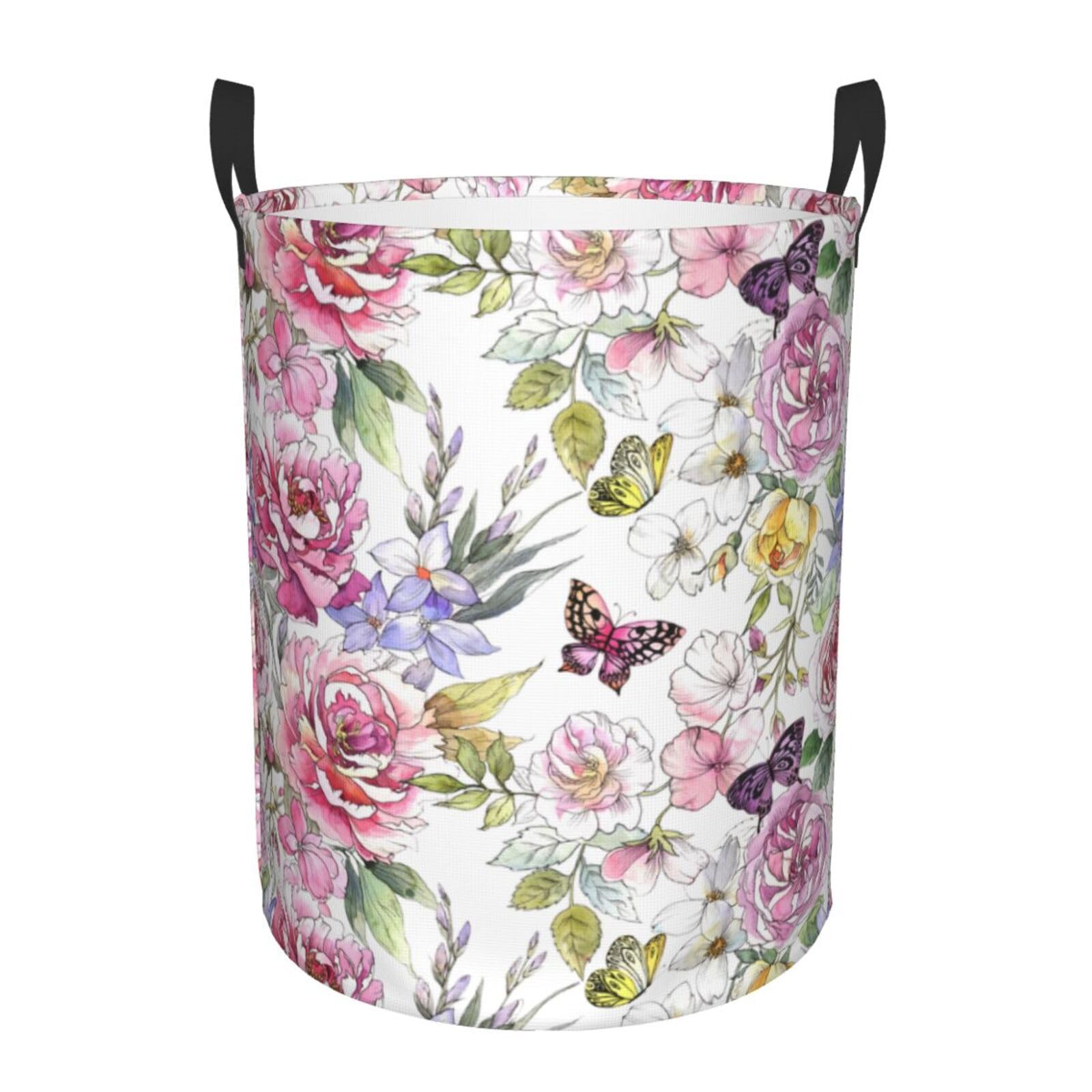 Laundry Basket Peonies and Butterflies Laundry Hamper Waterproof Idea Hampers Large Collapsible Baskets with Handle Suitable for Bedroom Bathroom Utility Room Kitchen
