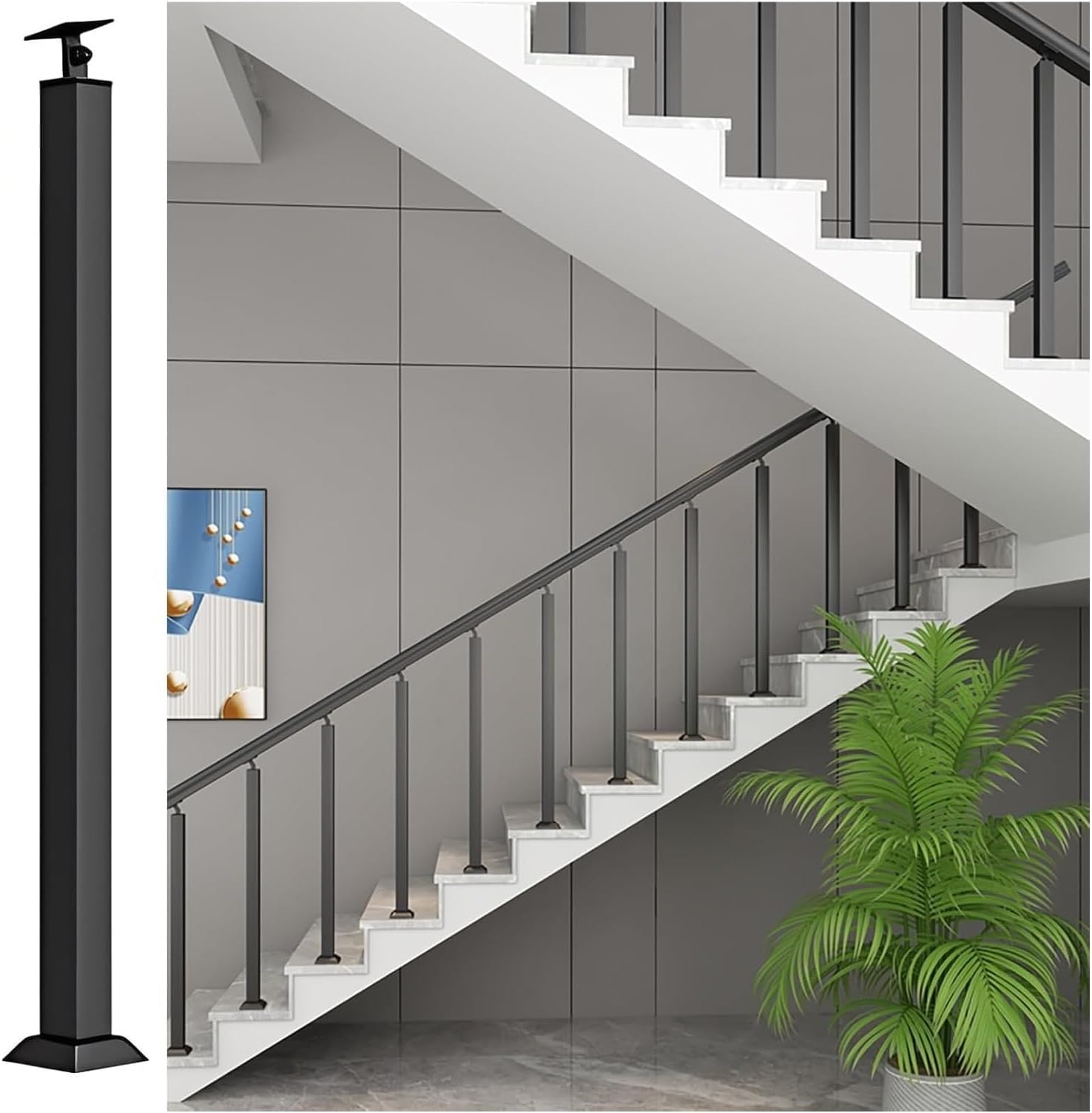 Stairs Railing Banister Post, Staircase System With Adjustable Bracket, Interior Stair Spindles, Wrought Iron Paint Process, For Deck, Balcony, Decor, 1pc(Black,90cm)