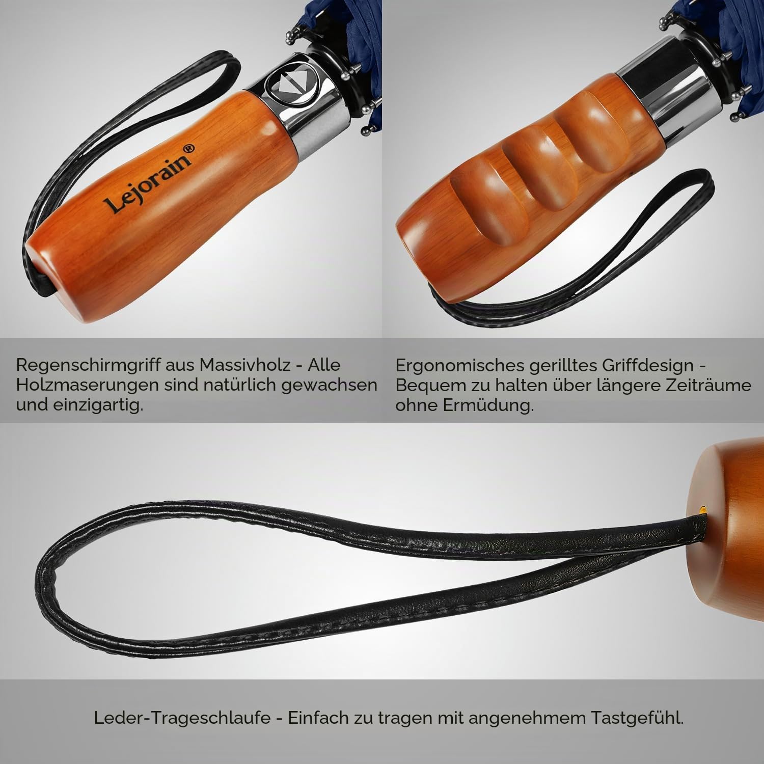 Lejorain Regenschirm XXL Sturmfest Automatischer Faltschirm Taschenschirm 137cm- Kompakter Falt Reise Golf Umbrella, 210T Nylon | Faltbarer Regenschirm mit doppeltem Baldachin, winddicht für Reisen, One-Touch-Offen, Holzgriff für Herren, für Regen Navy