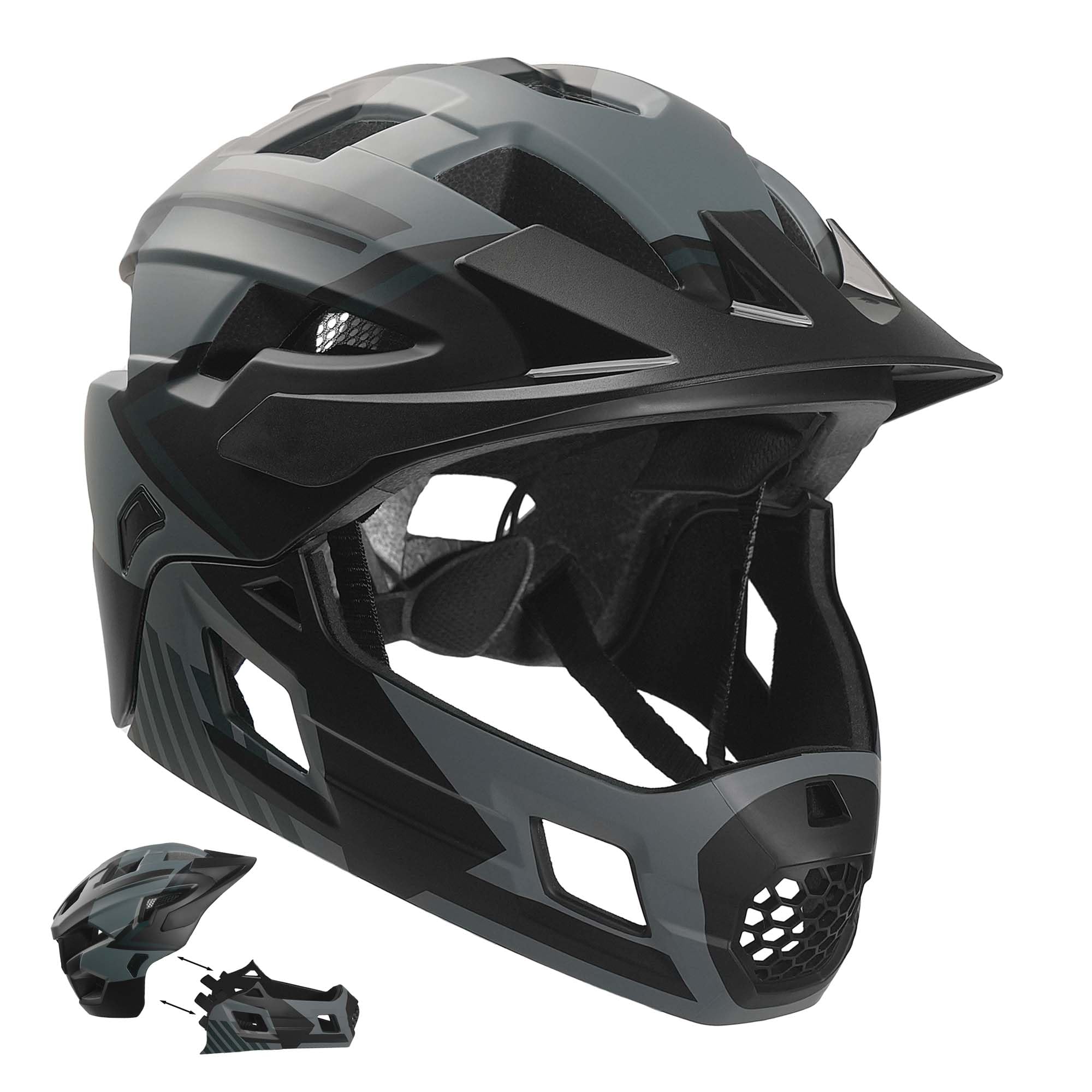 Crazy Safety Casque Vélo Intégral - Gris | pour BMX, VTT, Trottinette | Casque Enfant avec Design 2-en-1 et mentonnière Amovible | Casque de Motocross Taille M 54-57 cm | Léger et Durable