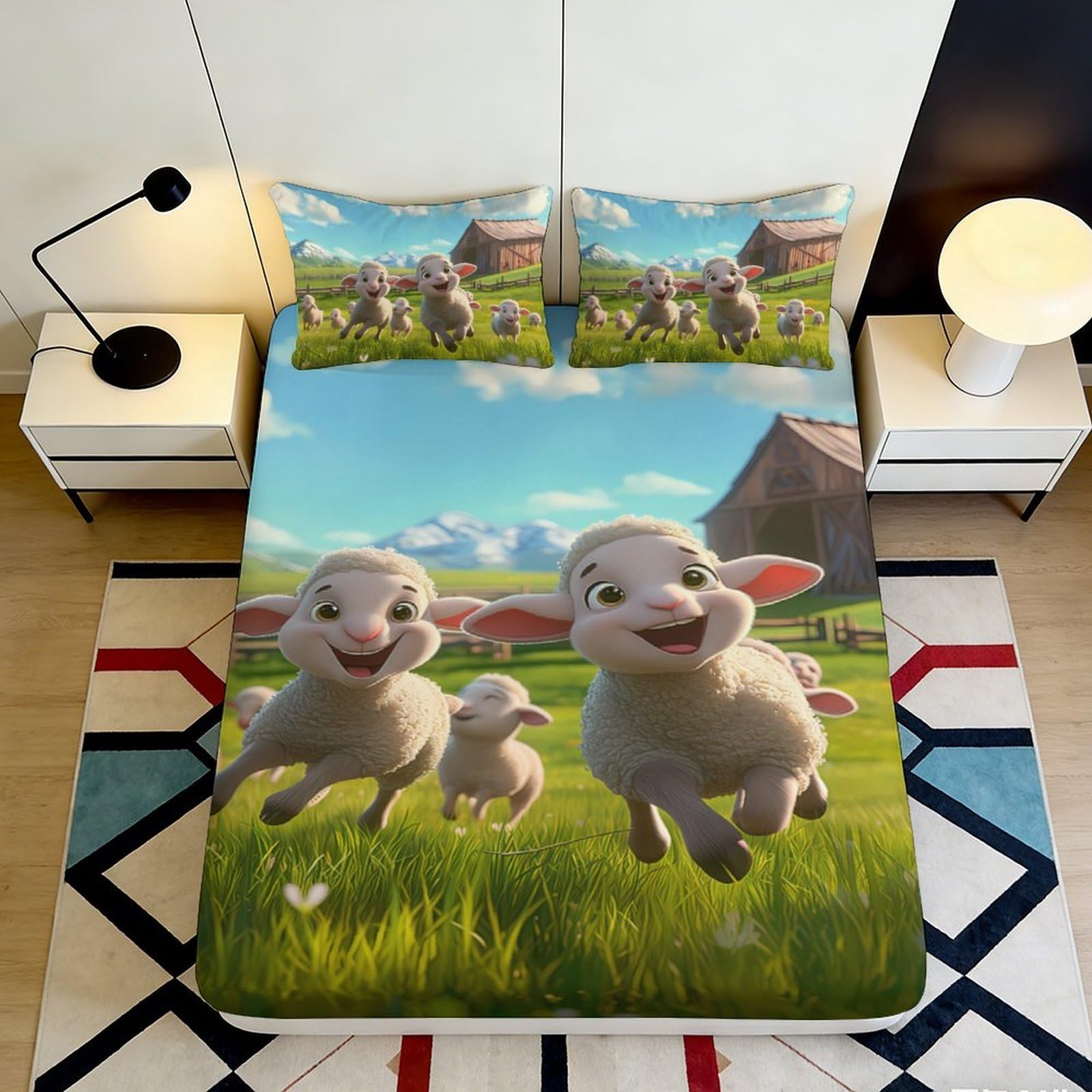 3D Printed Playful Lamb Fitted Sheet Microfiber Soft Pastoral Sheep Mattress Cover for Bedroom Dorm Protection Decor 90x200x25cm