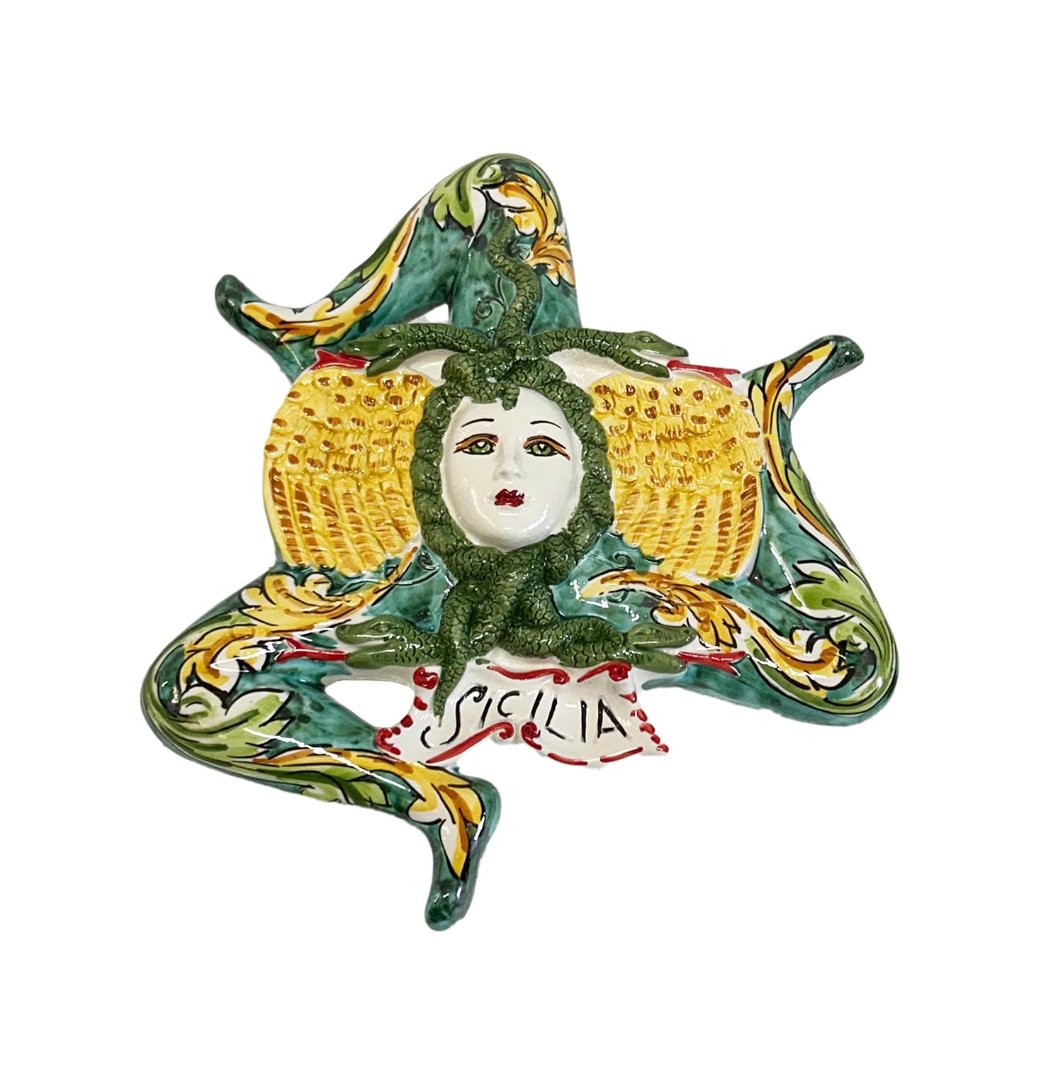 Caltagirone Trinacria aus Dicilianischer Keramik von Caltagirone, handgefertigte Dekoration (Grün, 28 cm)