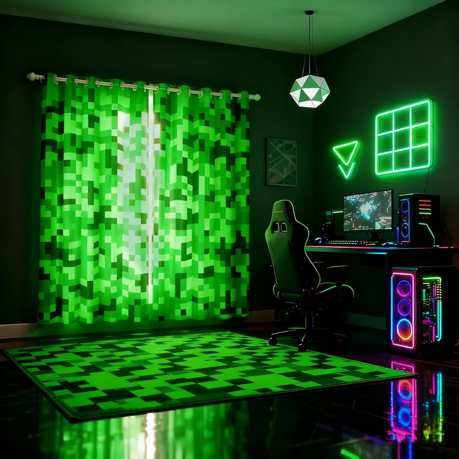Manfei Green Pixelated Miners Game Blackout Curtains,Video Gaming Theme Window Curtain,Kids Boys Girls Teens Room Decor,Modern Geometric Checkered Window Drapes Treatment,2 Panels,66Wx90L
