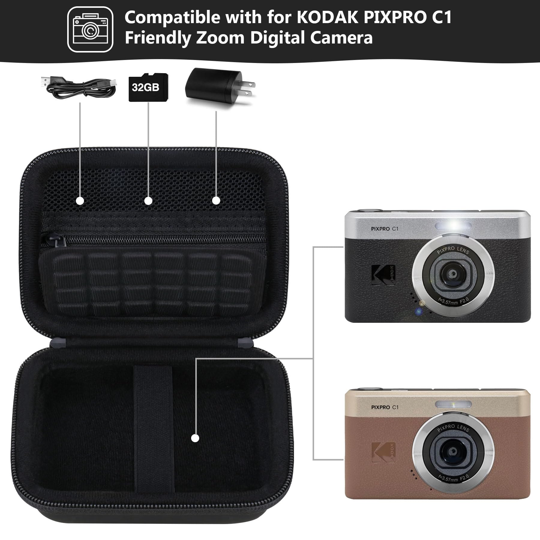 Custodia da viaggio per KODAK Pixpro C1 - Cámara Digital ultracompacta, Punta e spara supporto di archiviazione portatile per fotocamera digitale con borsa in rete per cavo di ricarica, Nero
