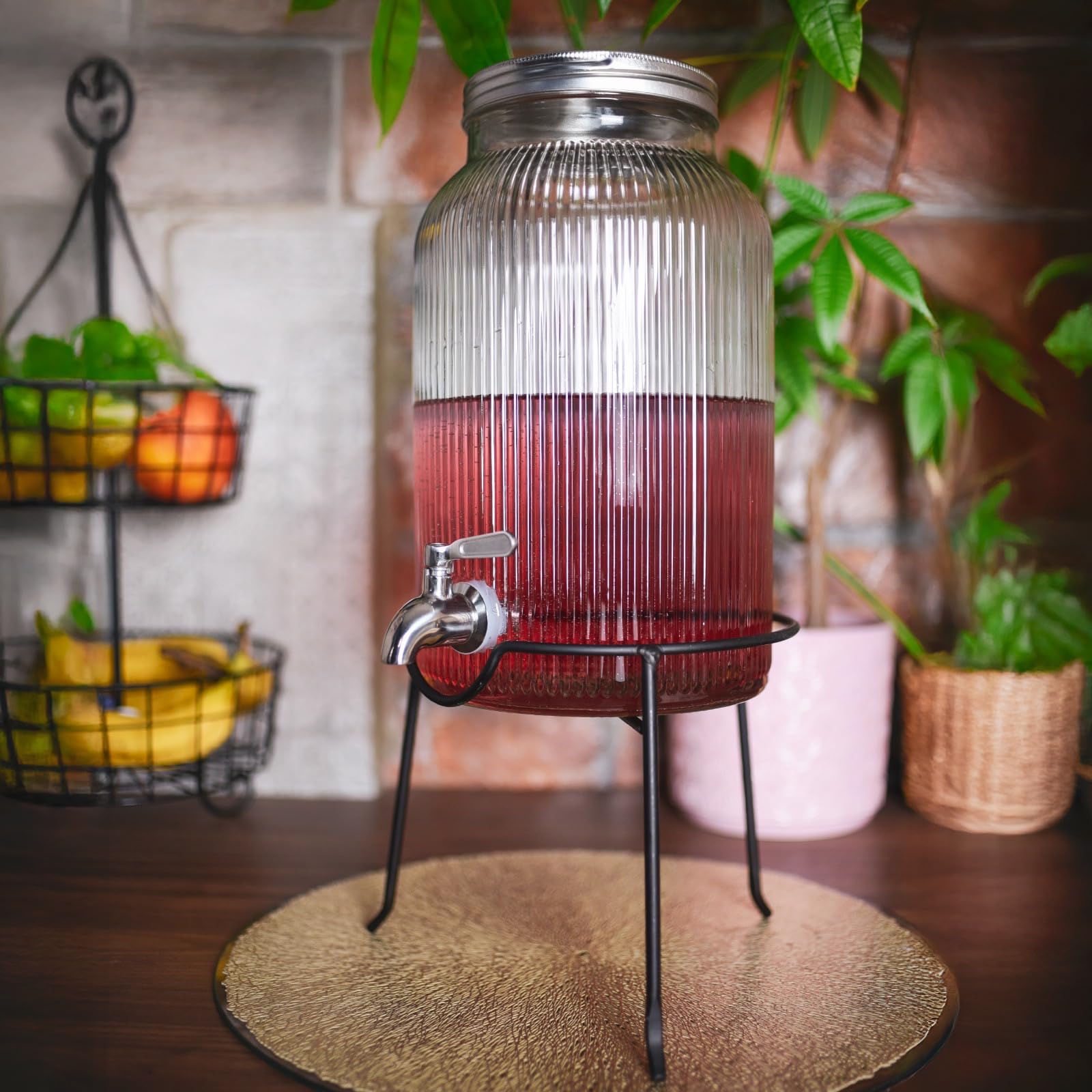 Sendez Dispenser di bevande in vetro da 5 l, con rubinetto in acciaio inox e supporto in metallo, design retrò, robusto ed elegante, perfetto per limonata, tè freddo e feste