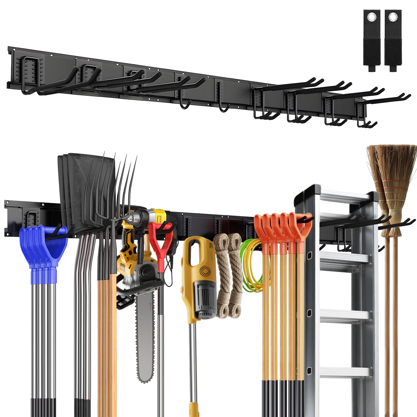 Sampoes Garage Tool Management Wall Rack, Garage Wall Hook, 120 cm Garden Tool Holder with 9 Adjustable Hooks for Garden Tools, Brooms, Rakes, Ski Equipment, Black