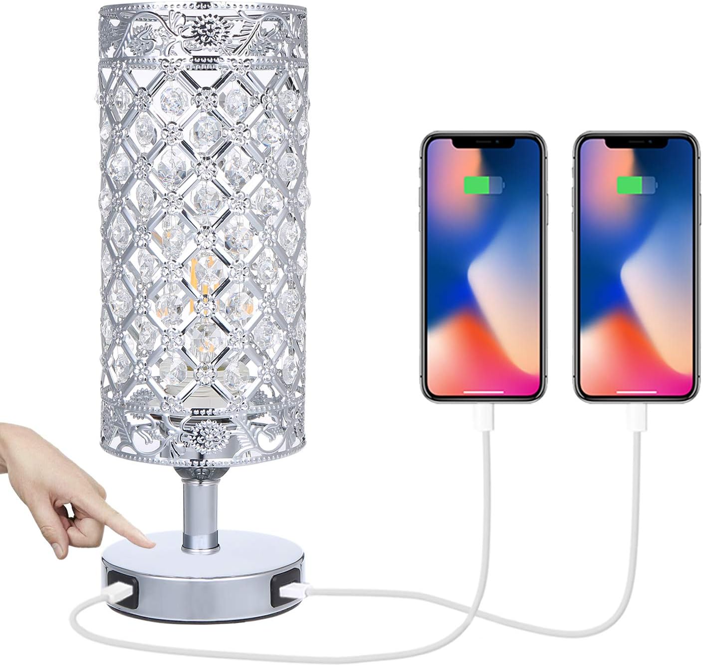 Tomshine Touch Control Crystal Bedside Lamp with Dual USB Port 3-Way Dimmable Table Lamp with E27 Glitter Lampshade for Bedrooms Living Room(LED Bulb Included) (Silver),LT132UK