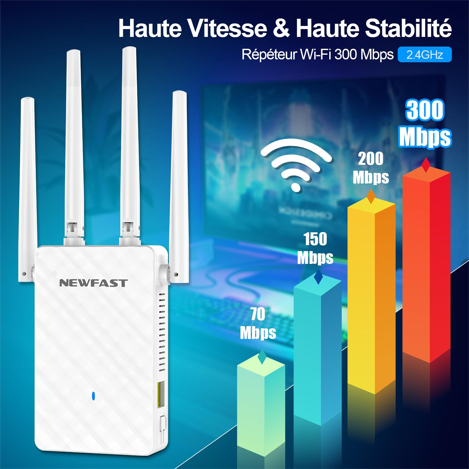 NEWFAST Répéteur WiFi Puissant N300Mbps NF-RE516, 2.4GHz Amplificateur WiFi Puissant avec WPS, Repetiteur WiFi sans Fil Compatible avec Toutes Les Box Internet, 4 Antennes, 3 Mode