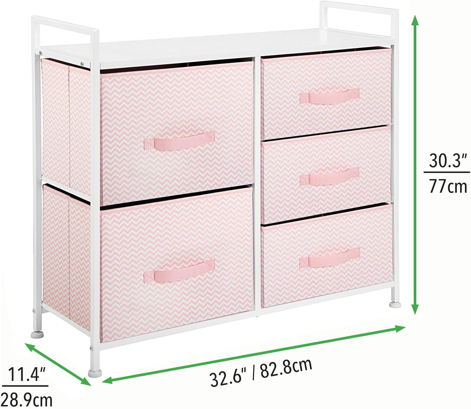 mDesign 30.03" High Steel Frame/Wood Top Storage Dresser Furniture Unit with 5 Removable Fabric Drawers - Tall Bureau Organizer for Bedroom, Living Room, Closet - Spira Collection - Pink/White