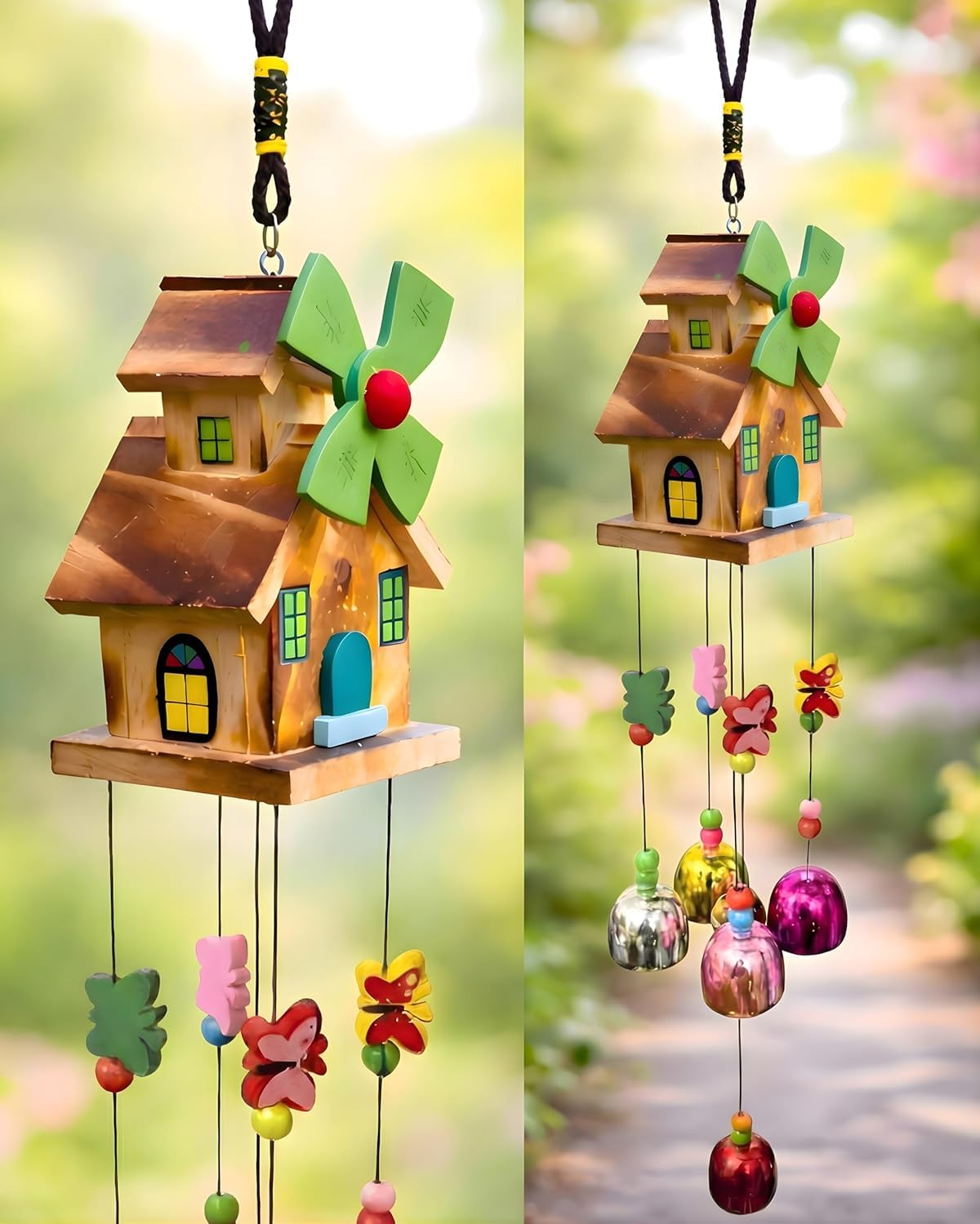 Wavey® Wooden Home Shape Wind Chime with Windmill - 5 Multicolour Bells for Home & Balcony | Gifting & Home Decoration with Melody Sound (Multicolour 5 Bell)-image-20
