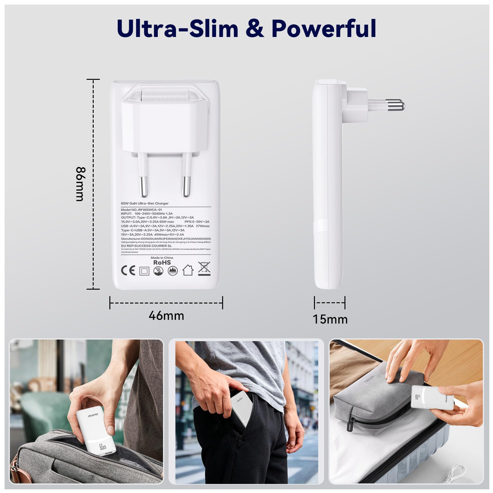 Ładowarka USB C 65 W, ultrapłaska wtyczka do ładowania, 2-portowy zasilacz GaN, szybka ładowarka, szybka ładowarka, kompatybilna z MacBook Pro/Air, telefonem komórkowym, iPadem, iPhone, Samsung Galaxy