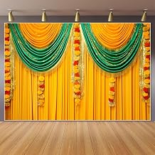 Pooja Backdrop Decoration Wedding Photo Backdrop Hindu India Traditional Festival Puja Pooja Diwali Background for Photography Yellow Curtain Flowers Decoration Banner Celebration Props7x5ft