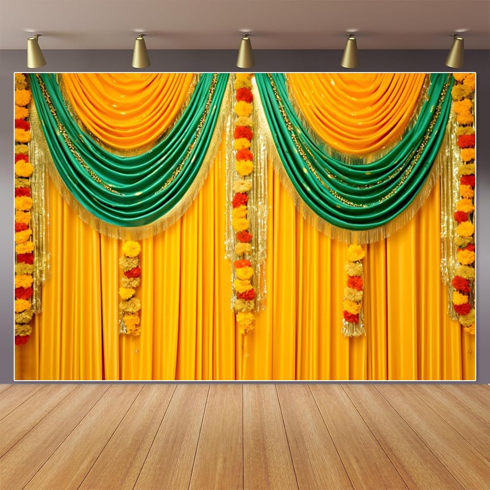 Pooja Backdrop Decoration Wedding Photo Backdrop Hindu India Traditional Festival Puja Pooja Diwali Background for Photography Yellow Curtain Flowers Decoration Banner Celebration Props 5x3ft