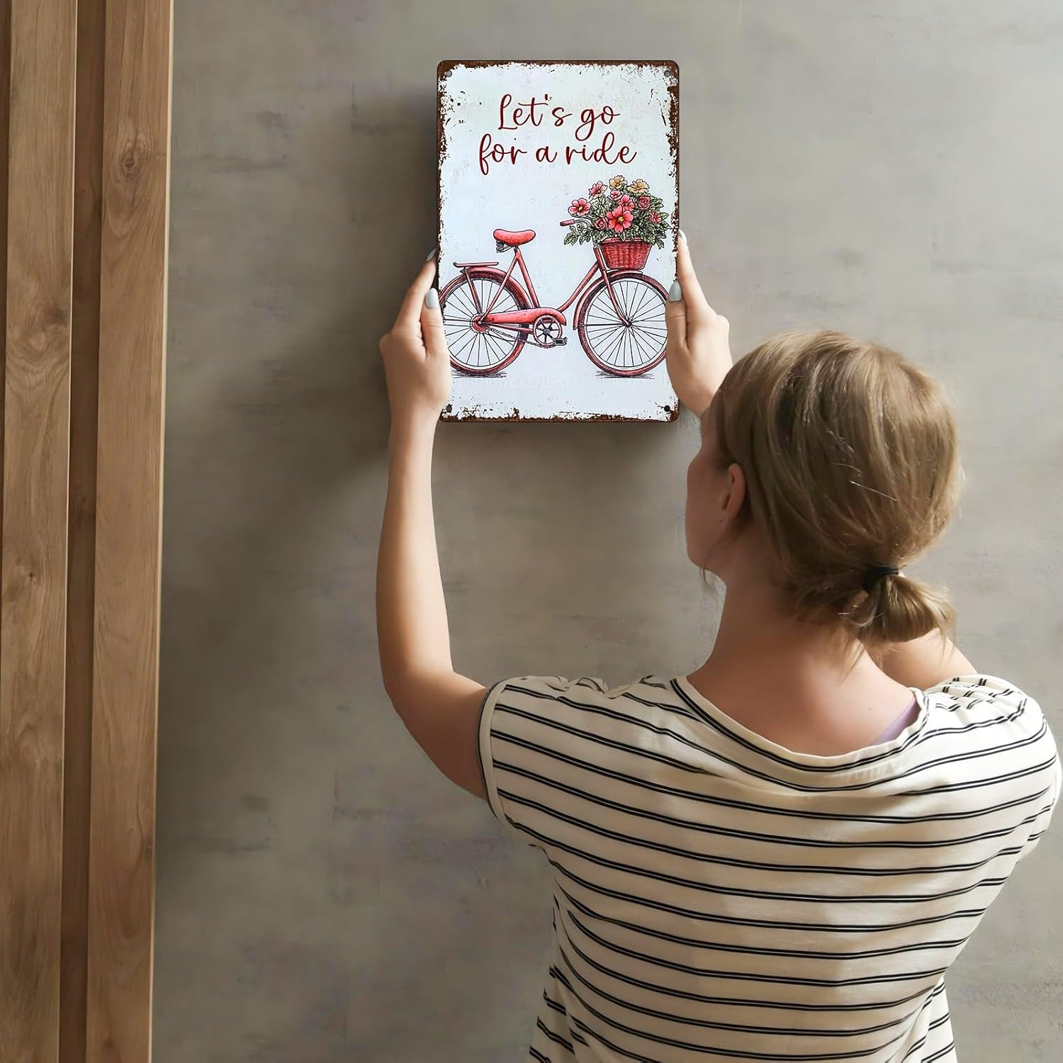 Bike Flower Vintage Metal Sign Rustic Wall Art Lets Go For A Ride Tin Plaque Poster For Outdoor Home Garden Decor 12x16inch