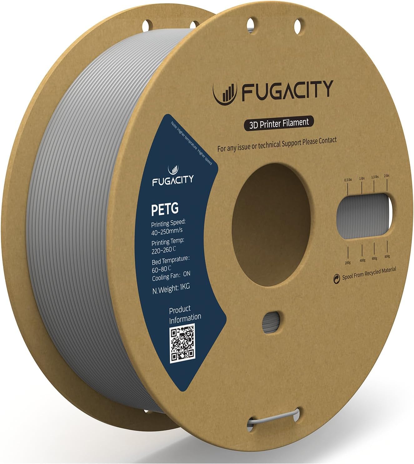 Fugacity PETG Filament 1.75mm, Gray 3D Printer Filament 1KG Spool (N.W 2.2lbs),...