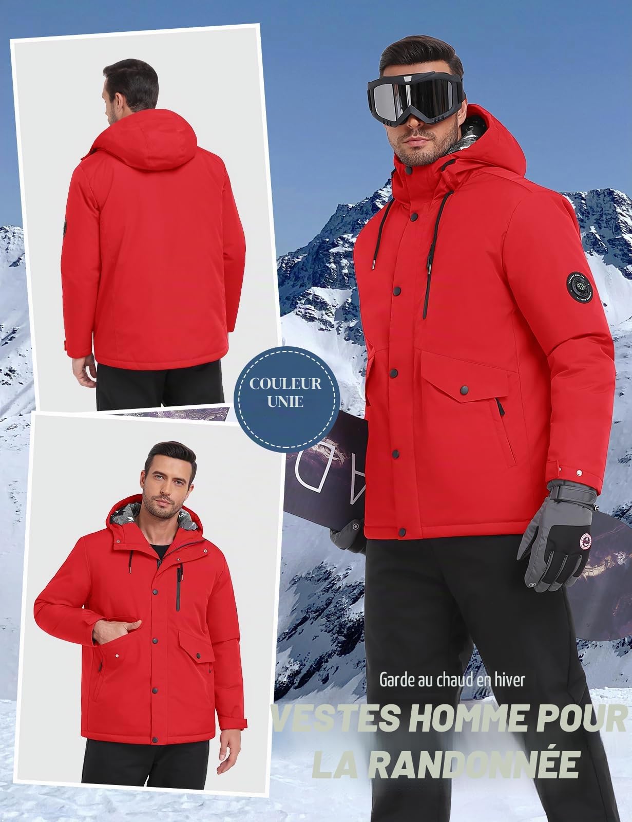 Voqeen Veste de Ski Imperméable Hiver Homme Manteau Chaud avec Capuche Amovible Manteaux Coupe-Vent avec Multi Poches de Randonnée