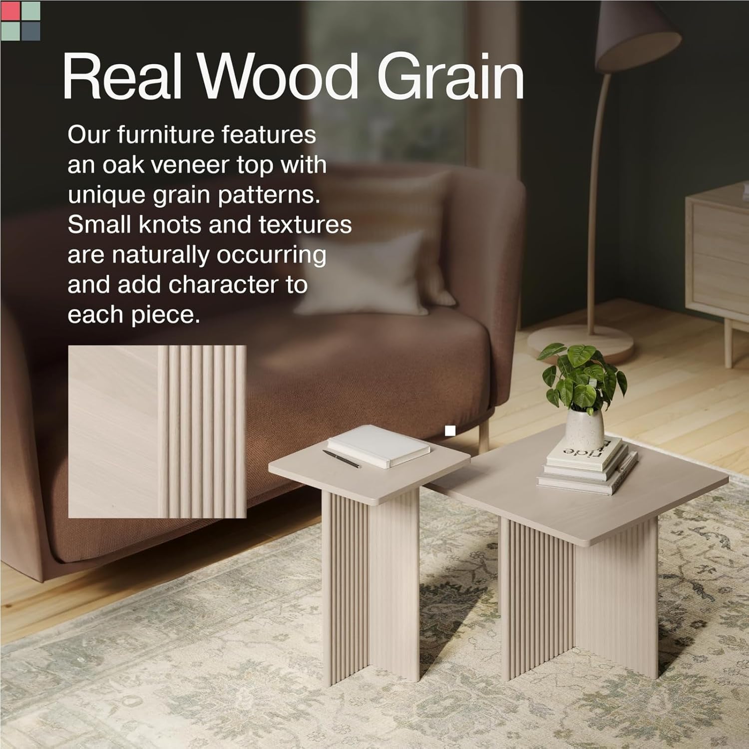 Square Nesting Coffee Table Set - Fluted Oak Base Center Table for Living Room - Wood Grain Veneer Top Living Room Ensemble Set - Easy Assembly Nesting Duo - Weathered White, 2-Piece