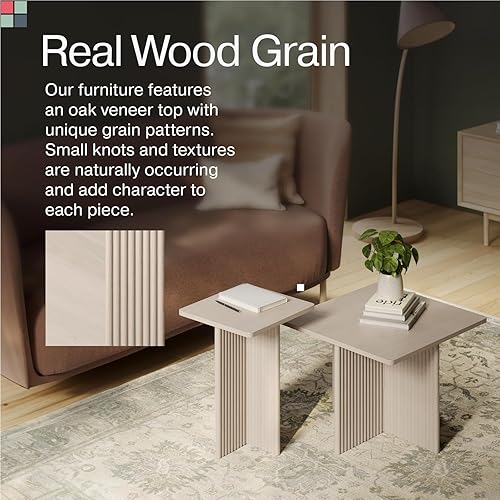 Miniatura 6 de Juego de mesa auxiliar cuadrada anidable, mesa central con base de roble acanalado para sala de estar, juego de conjunto de chapa de grano de