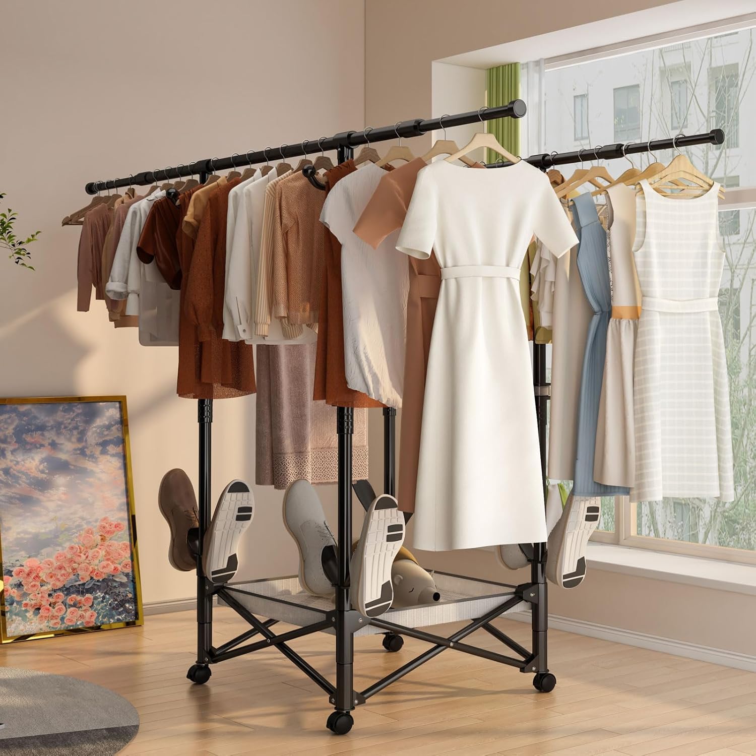 Portable Foldable Clothes Drying Rack - Adjustable Double Extendable Rods (33.1” to 56.7”) - Easy No-Assembly Space-Saving Design with Free-Standing Wheels -Suitable for multiple scenarios (Black)