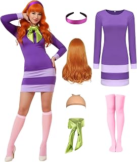 Halloween Costumes Women Adult Long Sleeve Purple Cosplay Mini Dress with Scarf Wig Headband Socks Accessories