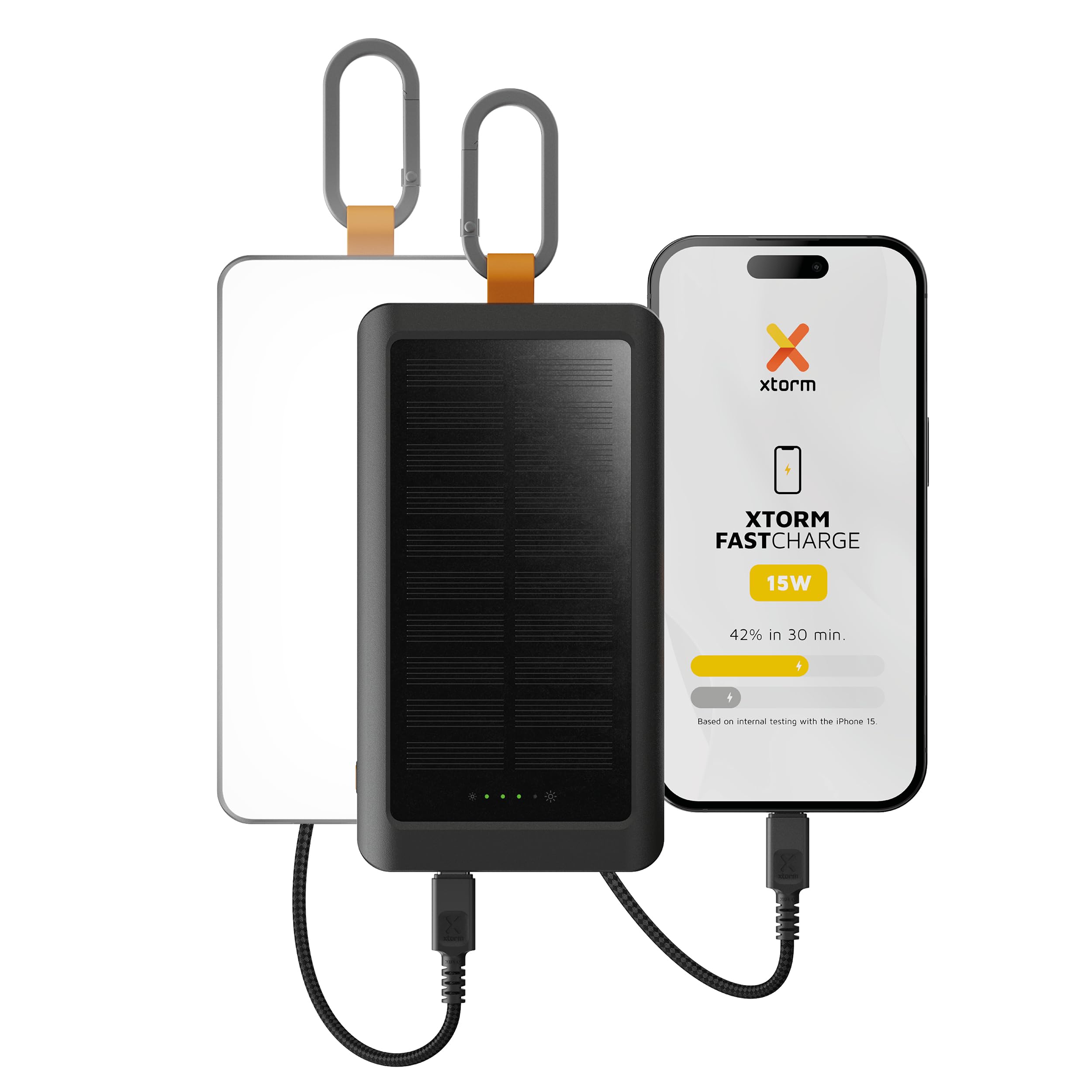Xtorm Go2 Solar power bank 10.000mAh 15W con moschettone e torcia | Ideale per uso outdoor, trekking, campeggio, porta USB-C e USB-A, pannello solare integrato, cavo USB-C incluso