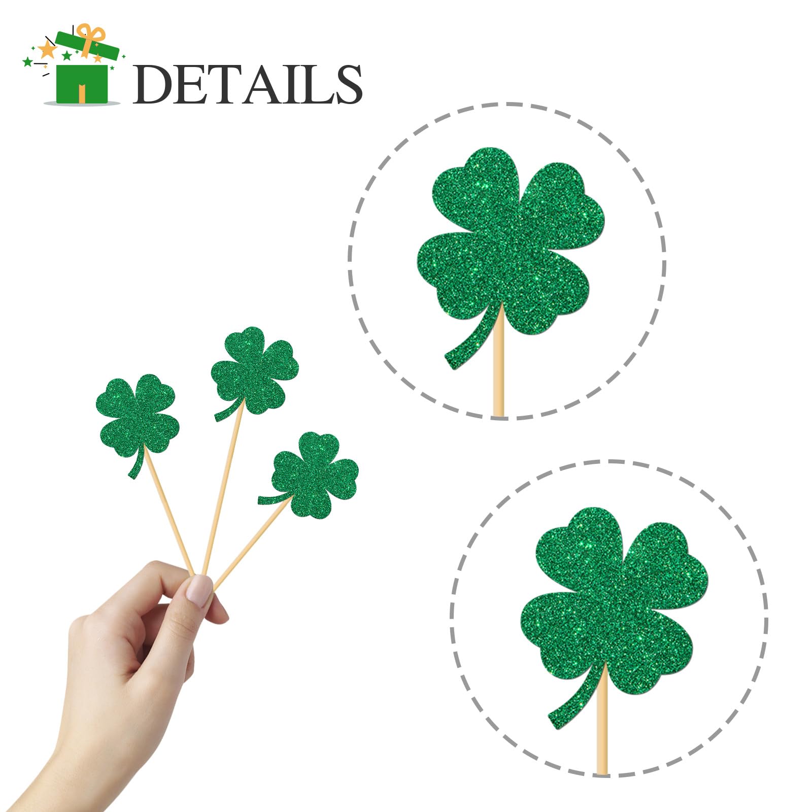 Cupcake-Topper Kleeblatt Glitzer – 24 Stück, Grün, Für Baby-Party, St. Patrick's Day, Geburtstag