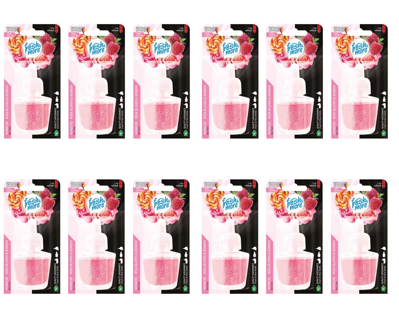 Fresh&More - 12 frascos de recambio para ambientador eléctrico (19 ml), diseño de flores de frambuesa y dulces