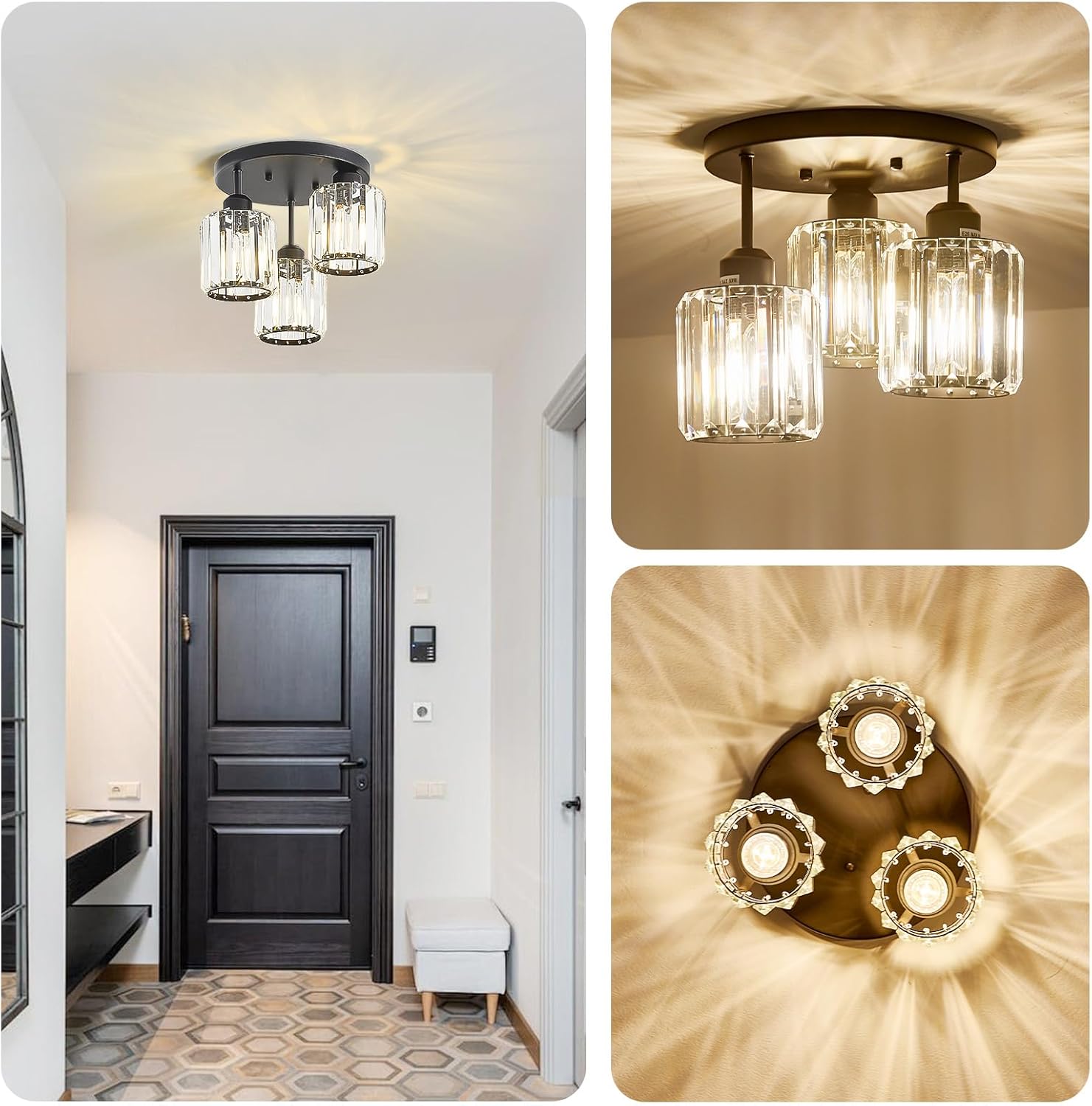 3-Light Modern Close to Ceiling Light Fixtures,Black Kitchen Light Fixtures with Clear Crystal Shade,Hallway Light Fixtures for Hallway Bedroom Bathroom