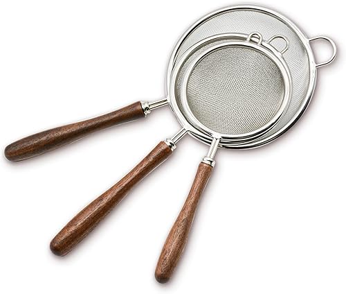 Juego de 3 coladores de malla para cocina, colador de acero inoxidable 304 con mango de madera, tamices para alimentos, té, arroz, aceite, fideos,