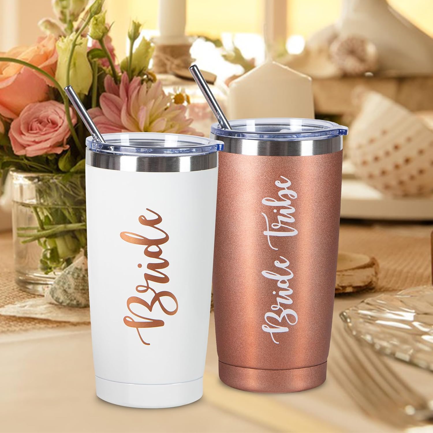 6 Pack Bride Gifts Bridesmaid Tumblers | 20 oz Rose Gold Bride Tribe Stainless Steel Wine Tumblers with Lid and Straw Champagne wine Tumbler Bridesmaid Mugs Bachelorette Party Supplies & Games