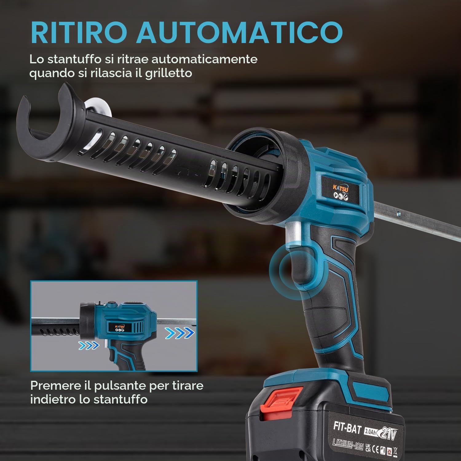 KATSU FIT-BAT Pistola per Silicone Senza Fili 18V/21V, Senza Gocce, 4 Velocità Regolabili, Pistola per Sigillante Adesivo per Applicazione Automatica Liscia, Senza Batteria Inclusa