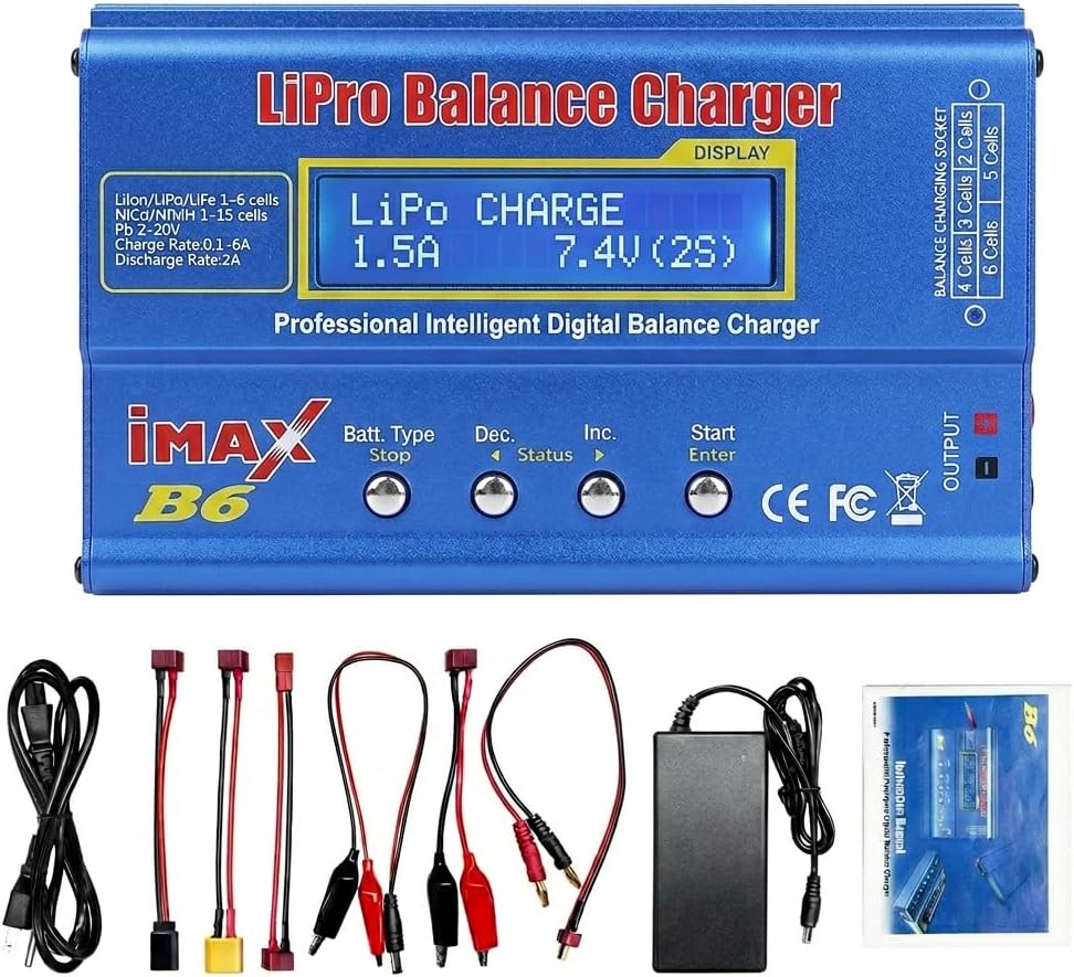 B6 Battery Balance Charger 80W Mini Lipo Charger Discharger for NiMH/NiCd (1-15S) LiPo/Li-ion/Life Battery (1-6S) RC Hobby Batteries Balance Charger with AC Power Supply