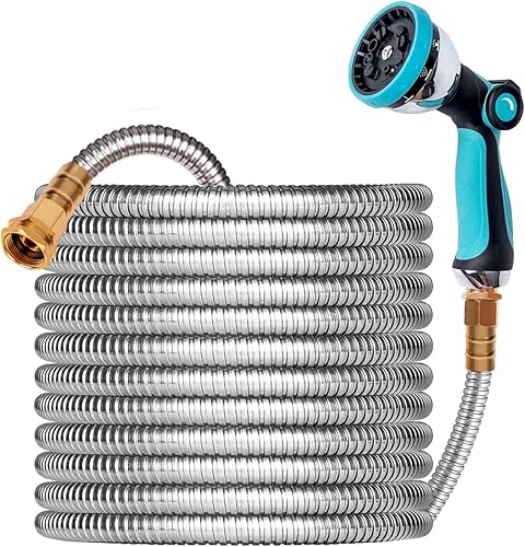 Das perfekte werkzeug Manguera de jardín de metal expandible de 100 pies, manguera de jardín ligera de acero inoxidable 304 con boquilla de 10
