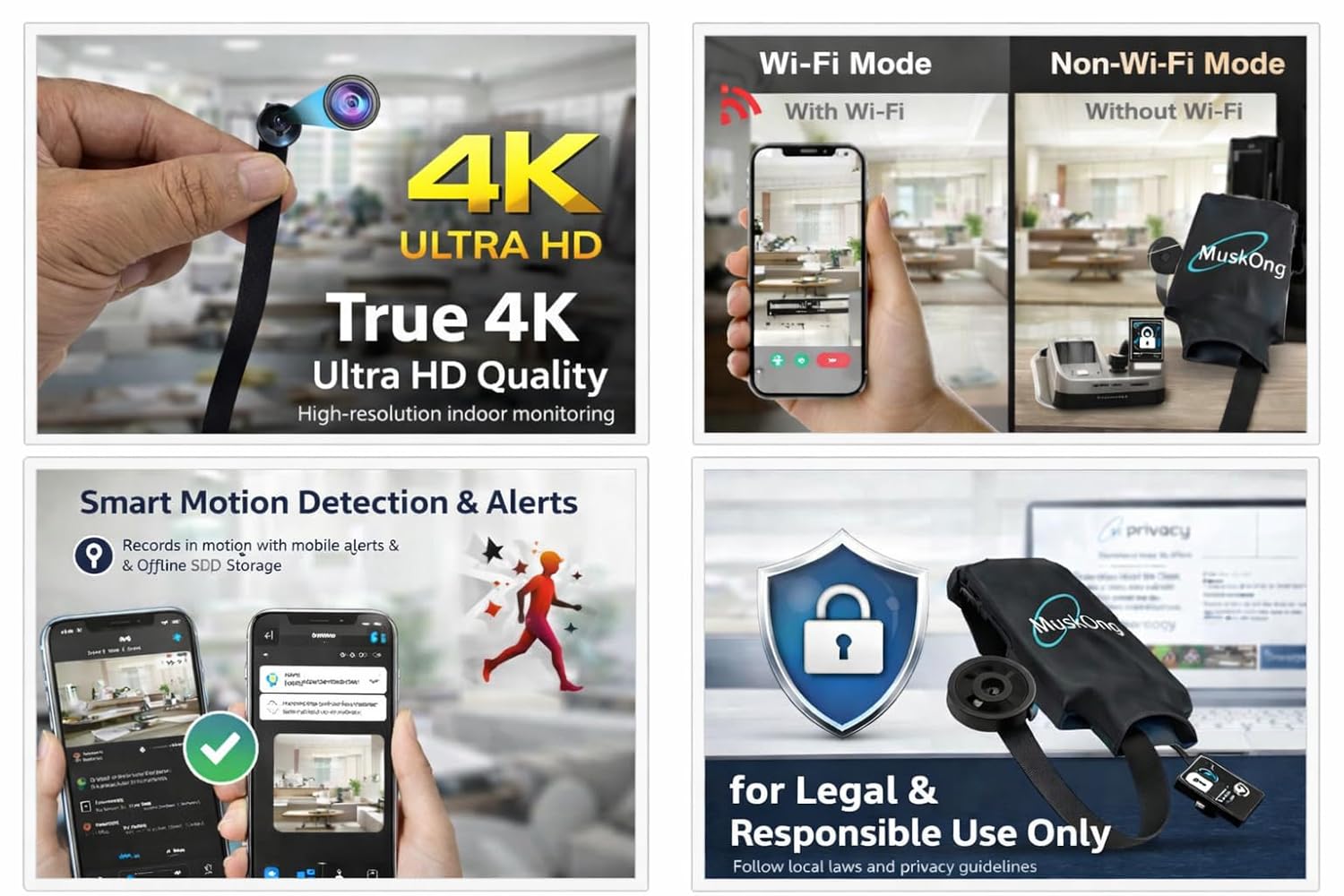 4K Mini WiFi Security Camera | Button Style Indoor Camera | Works with & Without WiFi | Motion Detection | SD Card Support up to 128GB | Mobile App View