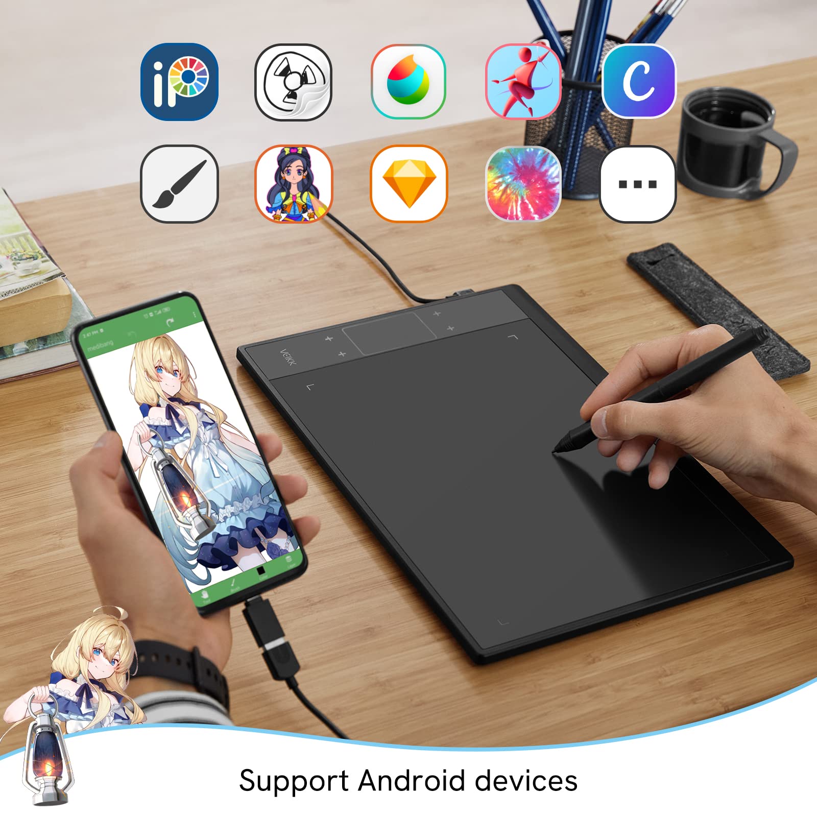 VEIKK A30 Grafiktablett mit Smart Touchpad und 4 Tastenkombinationen, 10x6 Zoll mit batterielosem Stift und 8192 Professionellen Druckstufen