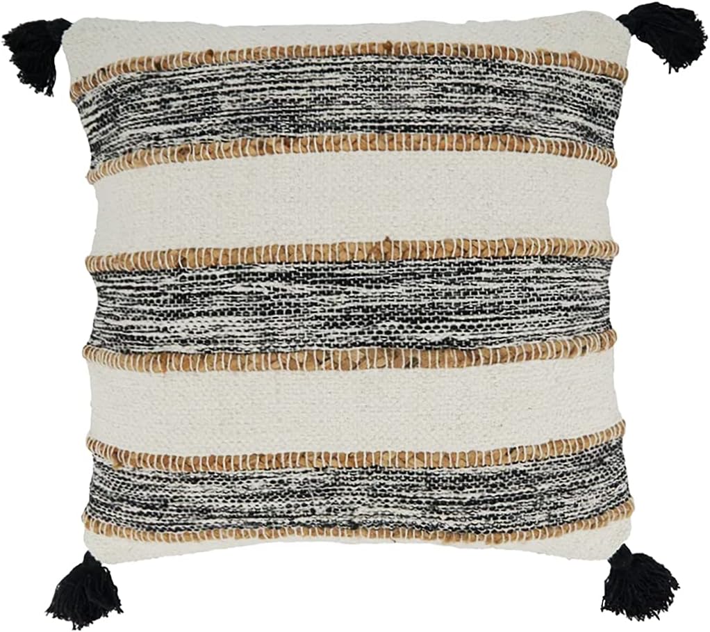 Fennco Styles Woven Striped Tassel Cotton Jute Decorative Throw Pillow 20" W x 20" L - Black & White Textured Cushion for Home, Couch, Bedroom, Living Room and Office Décor