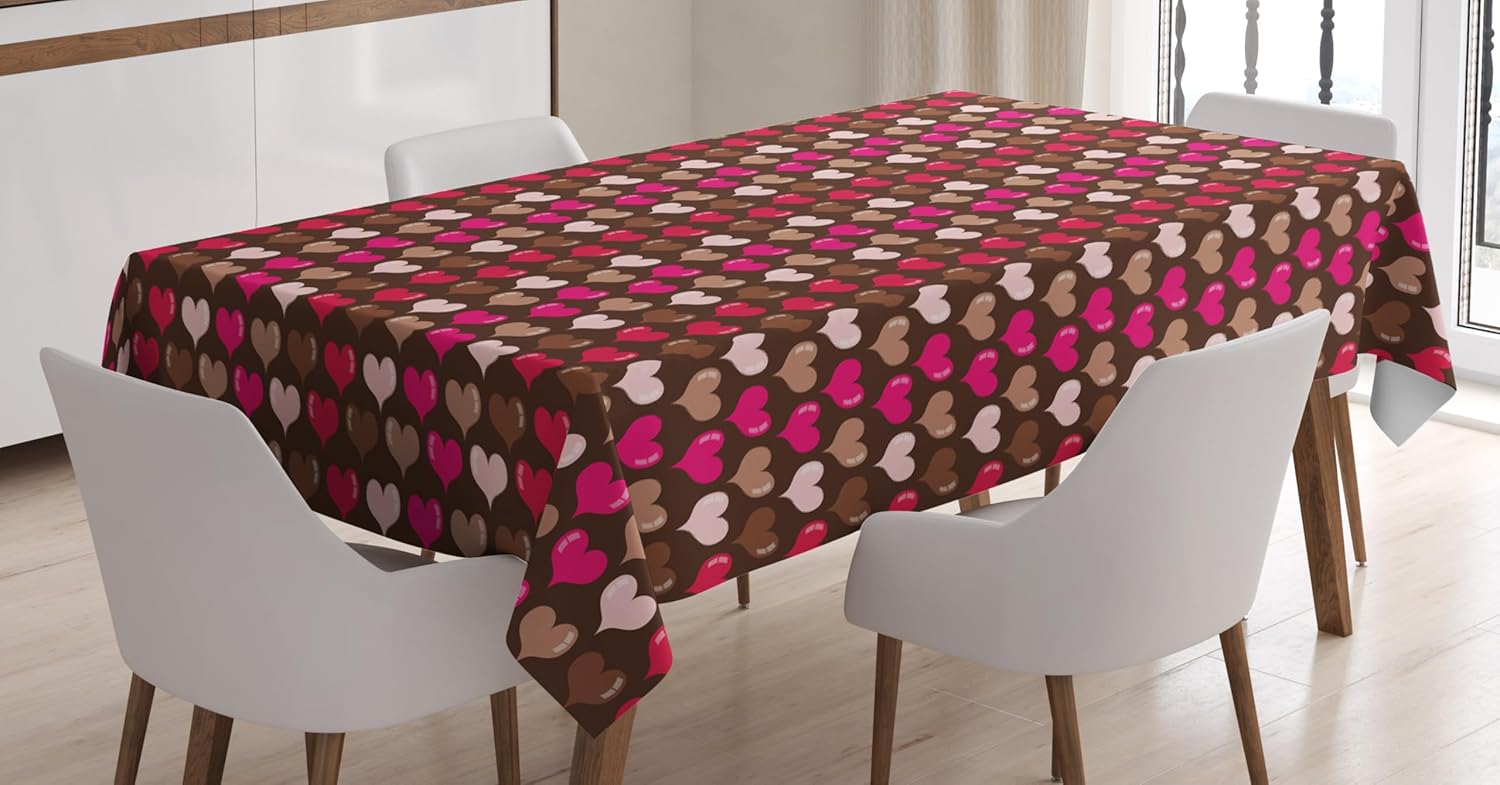 Ambesonne Abstract Tablecloth, Romantic Heart Shapes Vibrant Love Valentines Day Girls Graphic Illustration, Dining Room Kitchen Rectangular Table Cover, 52" X 70", Fuchsia Brown