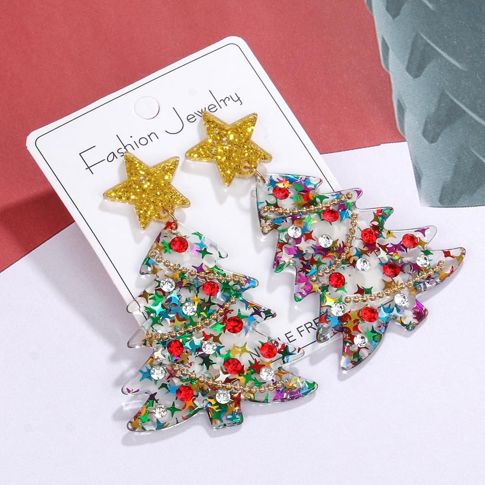 Acrylic Christmas Tree Earrings for Women Colorful Green Christmas Tree Dangle Drop Earrings Cute Xmas Pentagram Earrings Sparkling Rhinestone Xmas Tree Earrings Lightweight Christma Holiday Winter Party Jewelry - Image 3