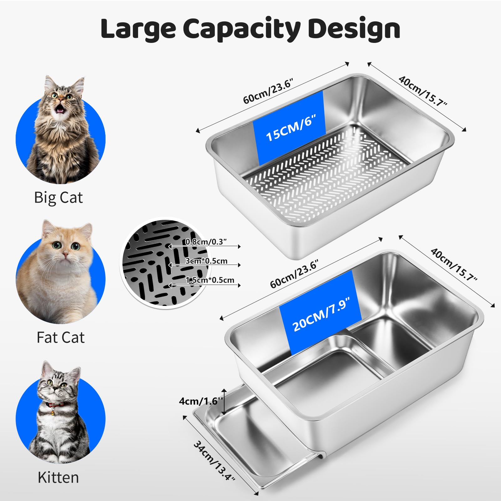 Bac à litière pour Chats en Acier Inoxydable pour Chat, bac à litière avec tiroir et bac de tamisage, Pelle pour Gros Chats, Nettoyage Facile