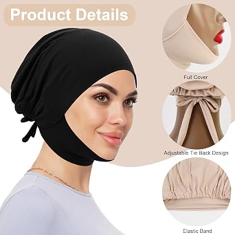 XEPST 3 PCS Hijab Undercap for Women, Islamic Muslim Full Cover Under Hijabcap Milk Silk Fabric Hijab Underscarf Solid Color Adjustable Tie Back Inner Head Scarf Turbans for Women Chemo Sleep Cap