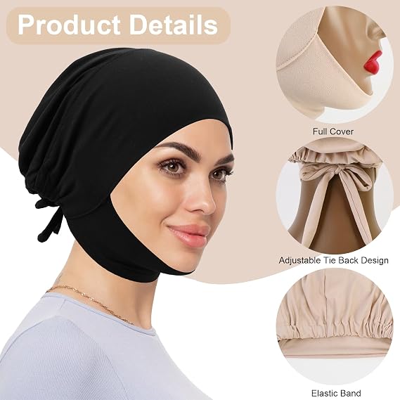 XEPST 3 PCS Hijab Undercap for Women, Islamic Muslim Full Cover Under Hijabcap Milk Silk Fabric Hijab Underscarf Solid Color Adjustable Tie Back Inner Head Scarf Turbans for Women Chemo Sleep Cap