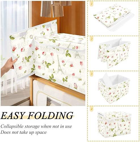 Miniatura 4 de GEDAKO Contenedores de almacenamiento grandes de tela plegables con tapas de 16.5 x 12.6 x 11.8 pulgadas, Torre Eiffel de París, flores de rosa,