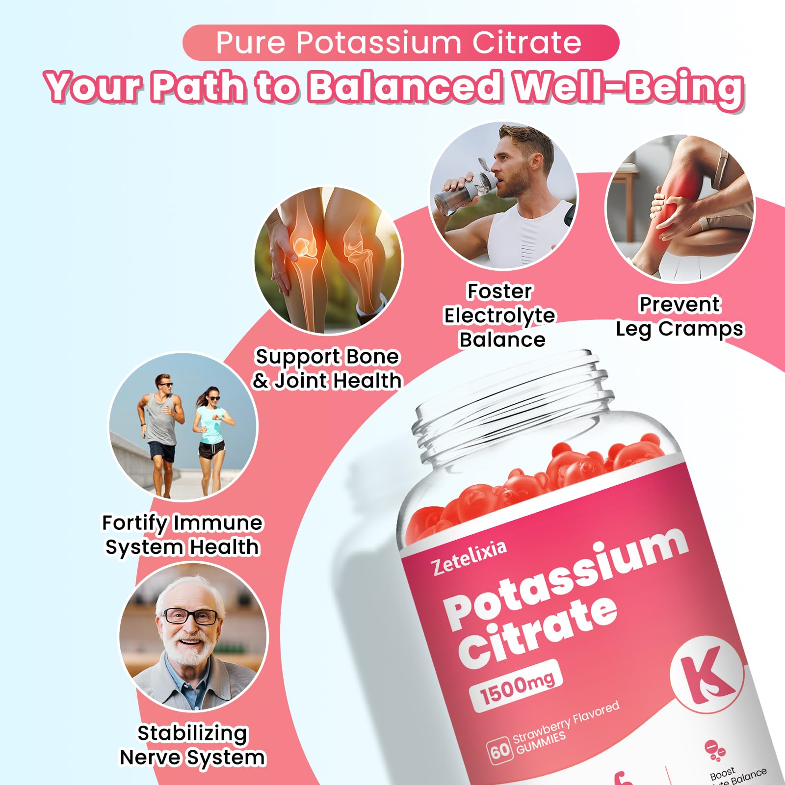 Potassium Gummies for Adults Women & Men, Potassium Citrate Supplement, Support Leg Cramps, Muscle Health & Electrolyte Balance, Sugar Free, Organic, Vegan, Strawberry, 60 Cts — Amazon image 4