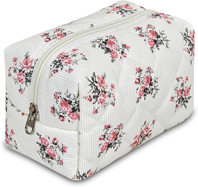 Necessaire de maquiagem AMZMA em algodão matelassado, estampa floral rosa, com zíper